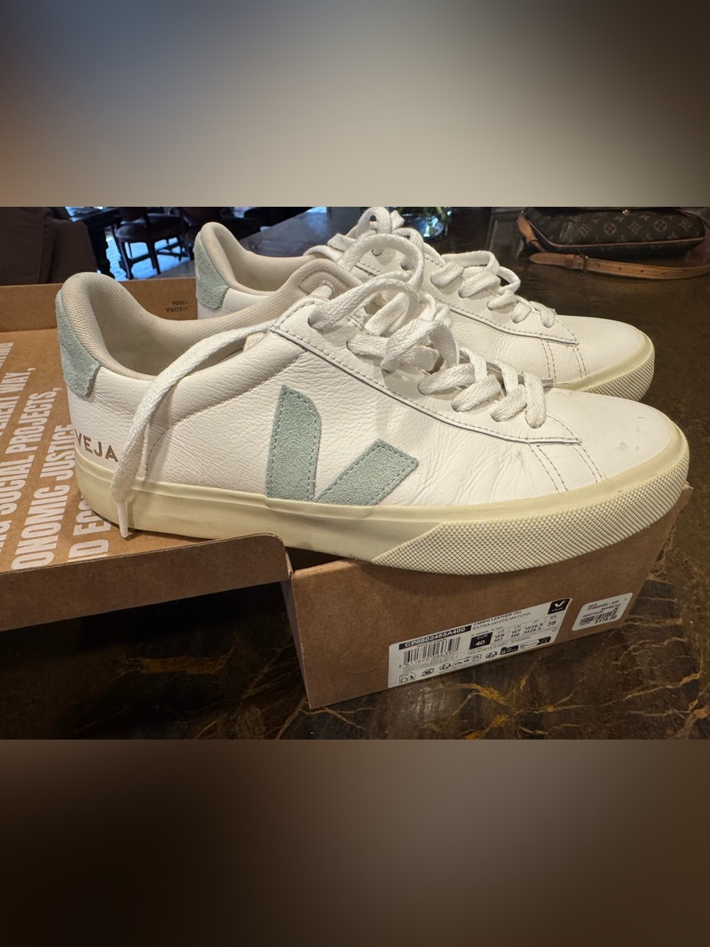Like New Veja Extra-White Matcha Campo Leather Sneakers